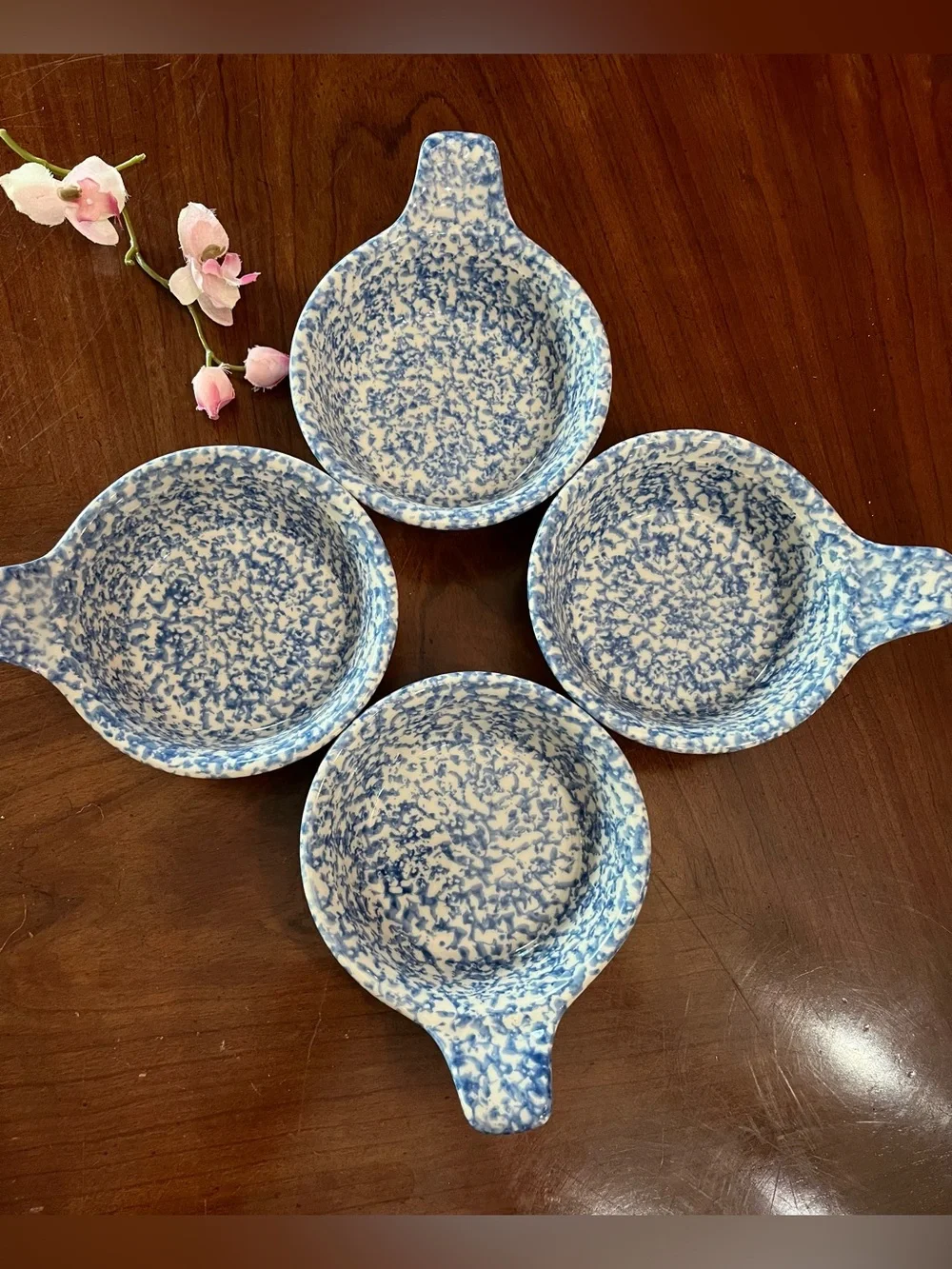 VTG 4-Set Gerald E. Henn Blue Roseville Spongeware Single Handle Soup Bowls